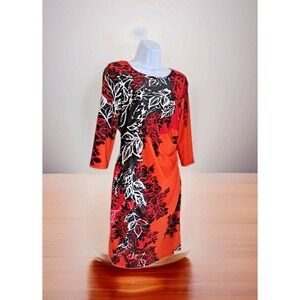 AA Studio Dress 8 Fall Colors Cinched Waist 3/4 Sleeve Stretch Knee Length Shift